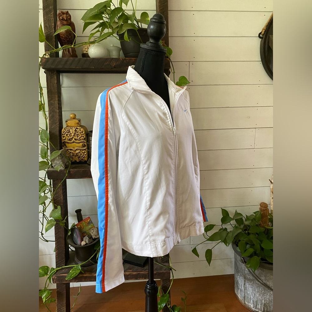 Nike: White Lightweight Bomber Jacket with Retro Blue and Orange Stripe Design - Picture 15 of 17